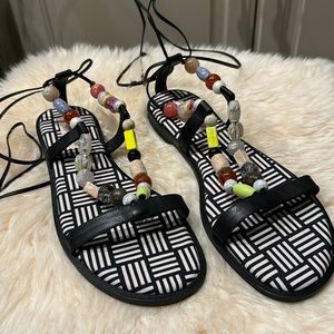 Antonio Melani Sandle Snake Black Leather Rhinestone Beaded Flat Shoe